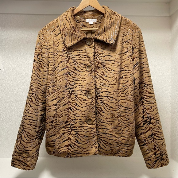 Erin London 🐅 Safari Print Back Stretch Fuzzy/Metallic Button Up Jacket Sz XL - Picture 4 of 12